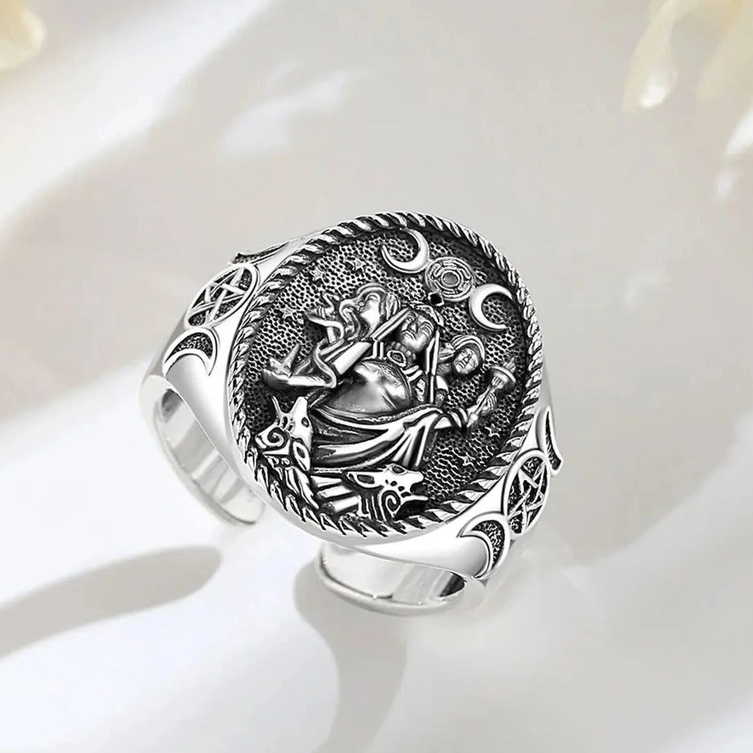 Sterling Silver Wicca Triple Moon Goddess Ring Hecate Amulet Ring Triple Goddess Jewelry-MoonChildWorld