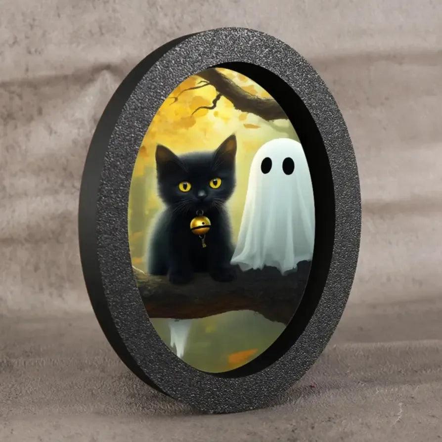 Black Cat and Spooky Ghost Gothic Wooden Oval Frame - Witchy Oval Wall Art for Halloween Wall Decoration-MoonChildWorld