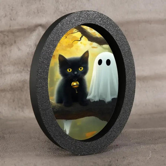Black Cat and Spooky Ghost Gothic Wooden Oval Frame -  Witchy Oval Wall Art for Halloween Wall Decoration
