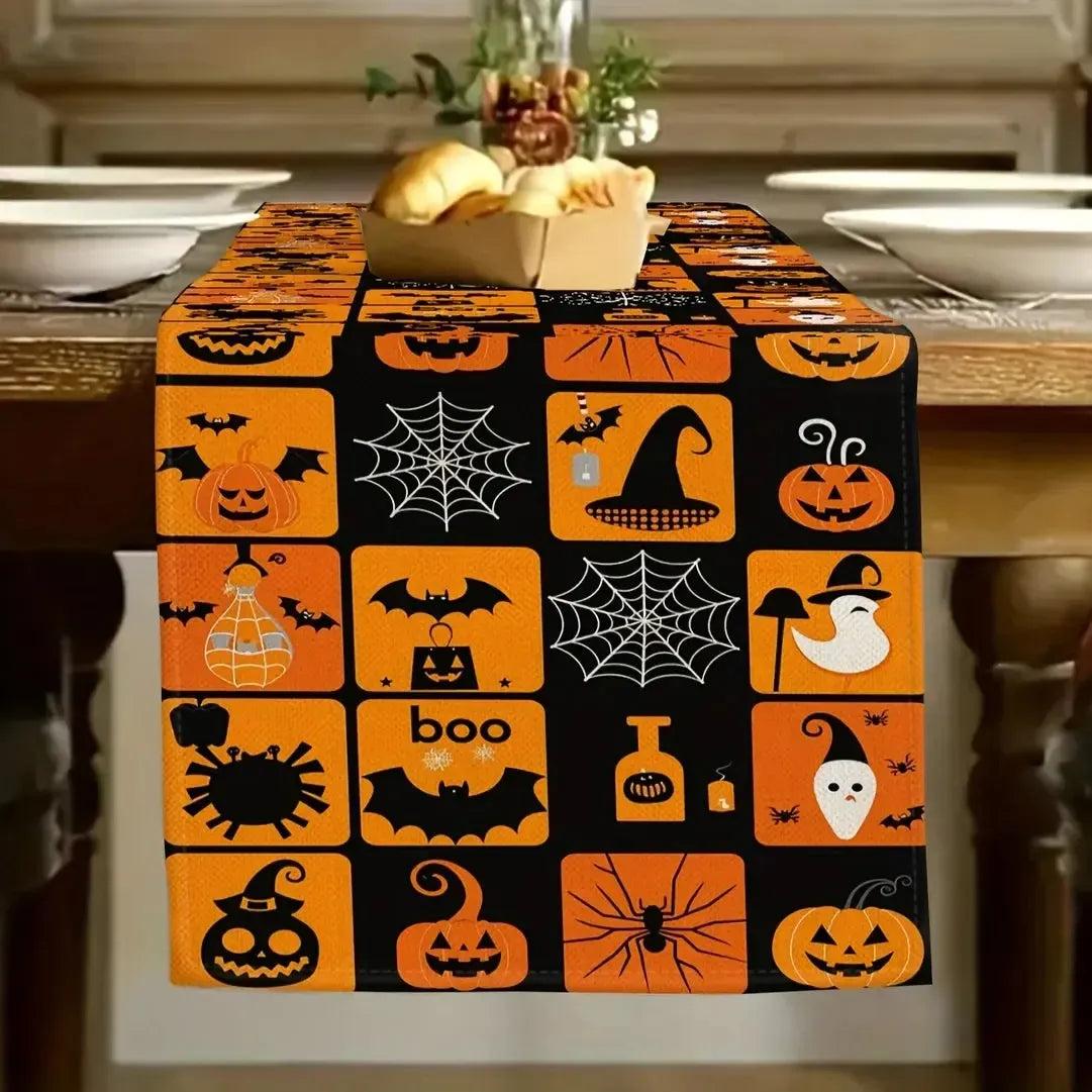 Halloween Spooky Pumpkin Grid Linen Table Runner - Gothic Witch Table Runner Halloween Decorations-MoonChildWorld