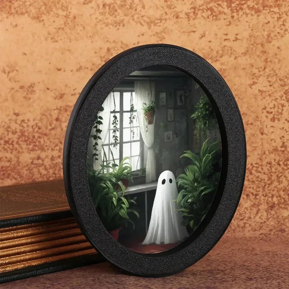 Retro Little Ghost Witch Wooden Oval Frame - Gothic Oval Wall Art - Spooky Halloween Wall Decoration-MoonChildWorld