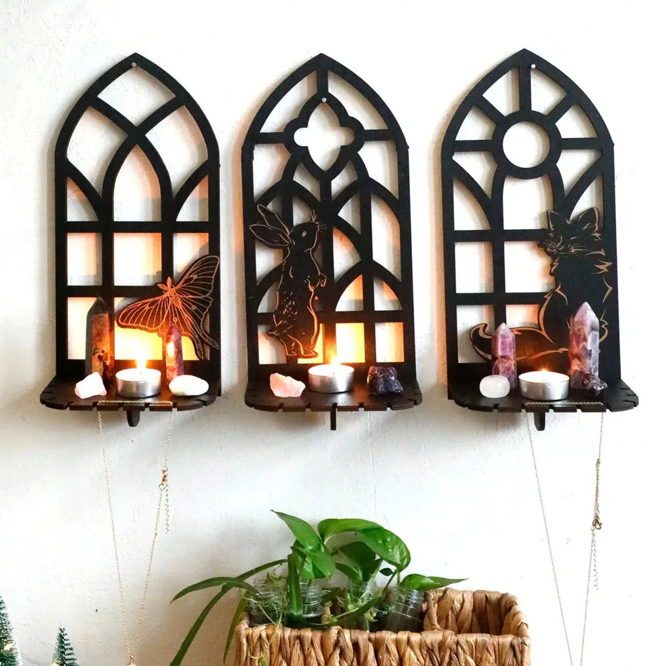 Wicca Wooden Wall Shelves Gothic Crystal Shelves with Tea Light Candle Holders Spiritual Home Decor-MoonChildWorld