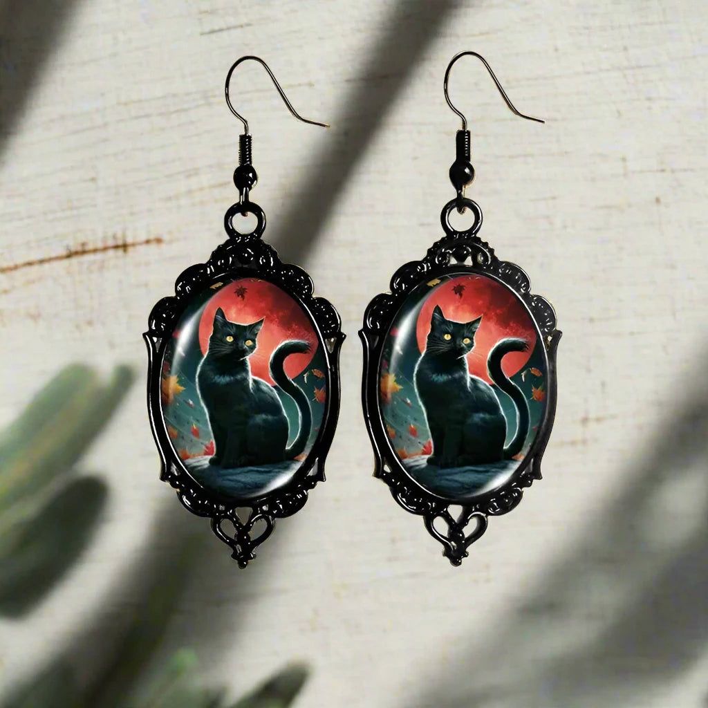 Gothic Cat Earrings Halloween Witch Black Cat Earrings-MoonChildWorld