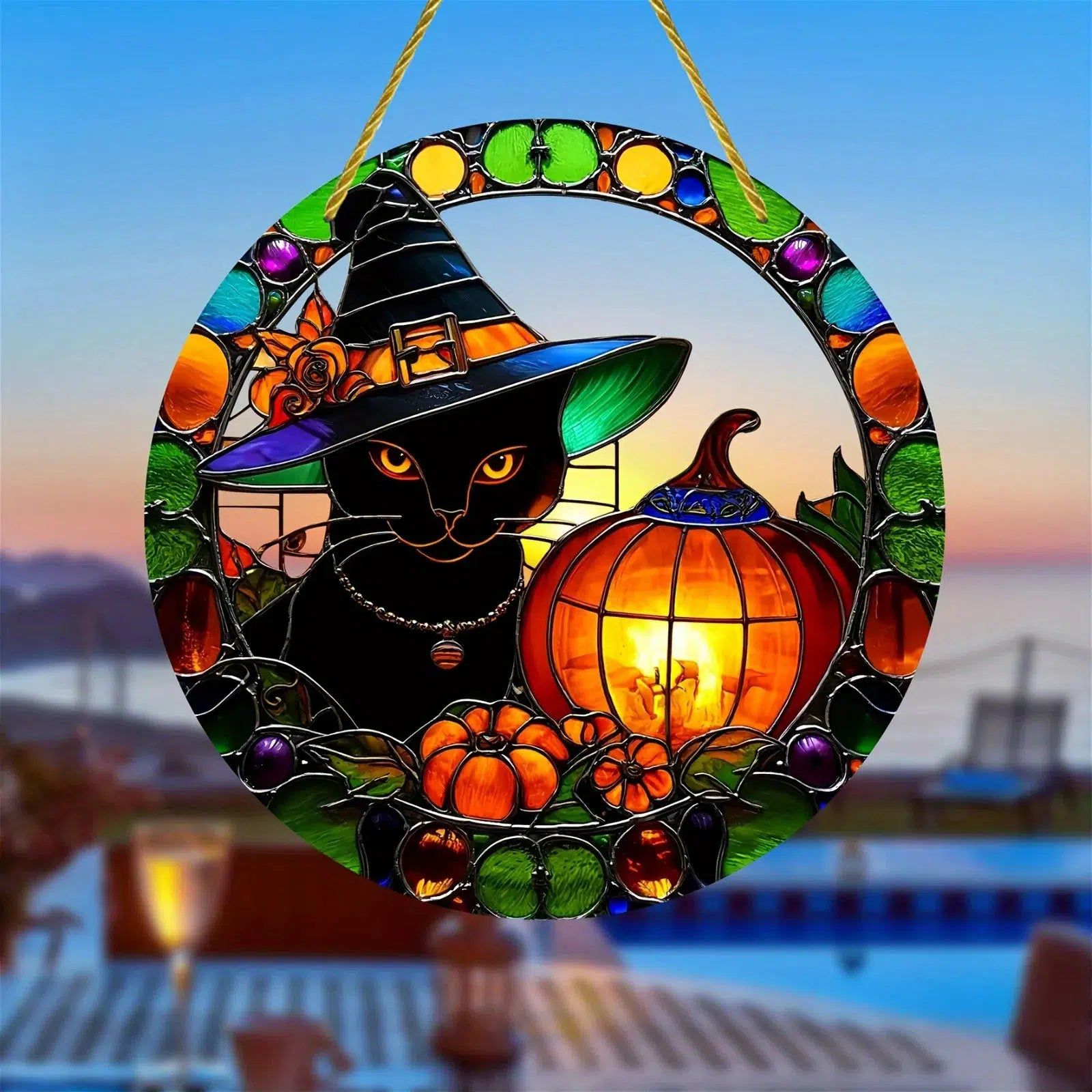 Witch Black Cat Suncatcher Halloween Acrylic Round Sign-MoonChildWorld