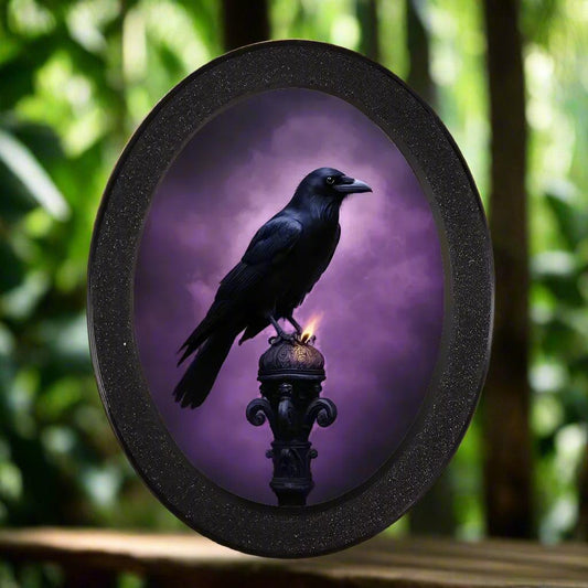 Retro Dark Crow Wall Art - Witchy Black Raven Gothic Wooden Oval Frame Halloween Wall Decoration