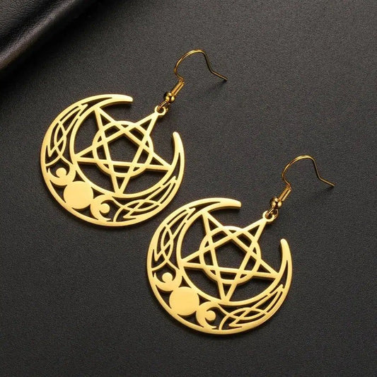 Triple Moon Goddess Earrings Crescent Moon Pentagram Witchcraft Jewelry