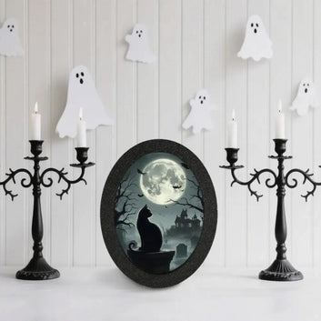 Moonlit Black Cat Gothic Wooden Oval Frame - Gothic Cat Oval Wall Art for Halloween Wall Decoration