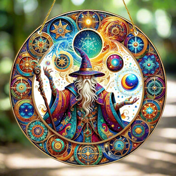 Wizard Suncatcher Witch Acrylic Round Sign Halloween Window Hanging Decor