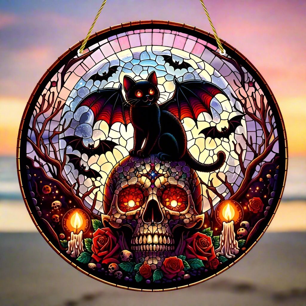 Winged Black Cat Skull Suncatcher Halloween Window Decorations-MoonChildWorld