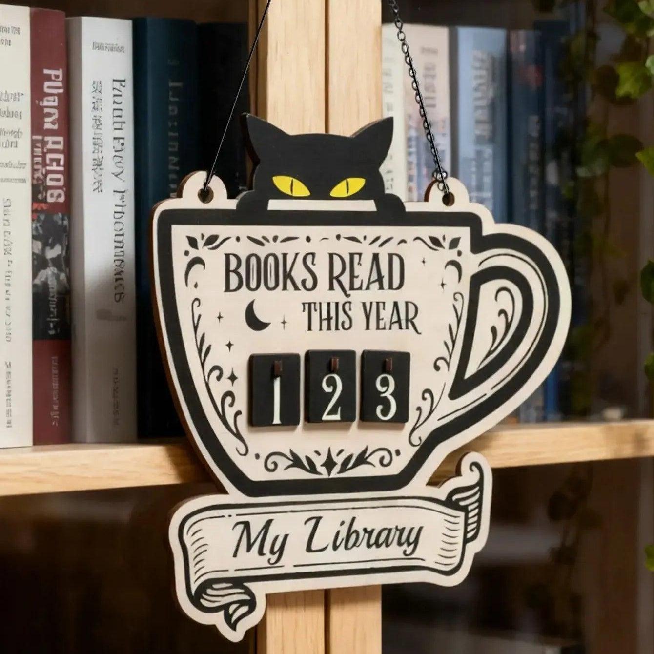 Black Cat Book Tracker Sign Occult Cat Wall Hanging Decor with Counting Blocks-MoonChildWorld