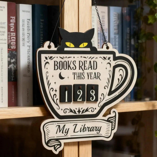 Black Cat Book Tracker Sign Occult Cat Wall Hanging Decor with Counting Blocks