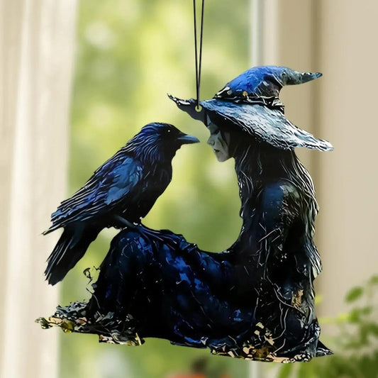 Acrylic Black & Blue Witch & Raven Hanging Ornaments Window Pendant Gothic Halloween Suncatcher Wall Decoration for Home & Party