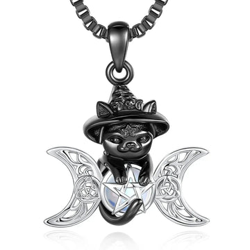 Moonstone Triple Moon Goddess & Pentagram Necklace – Black Cat Wicca Pagan Jewelry-MoonChildWorld