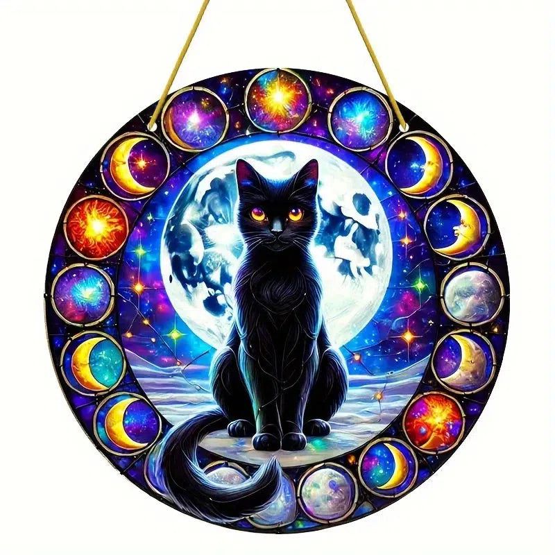 Mystery Black Cat Suncatcher Moon Phases Cat Window Hanging-MoonChildWorld