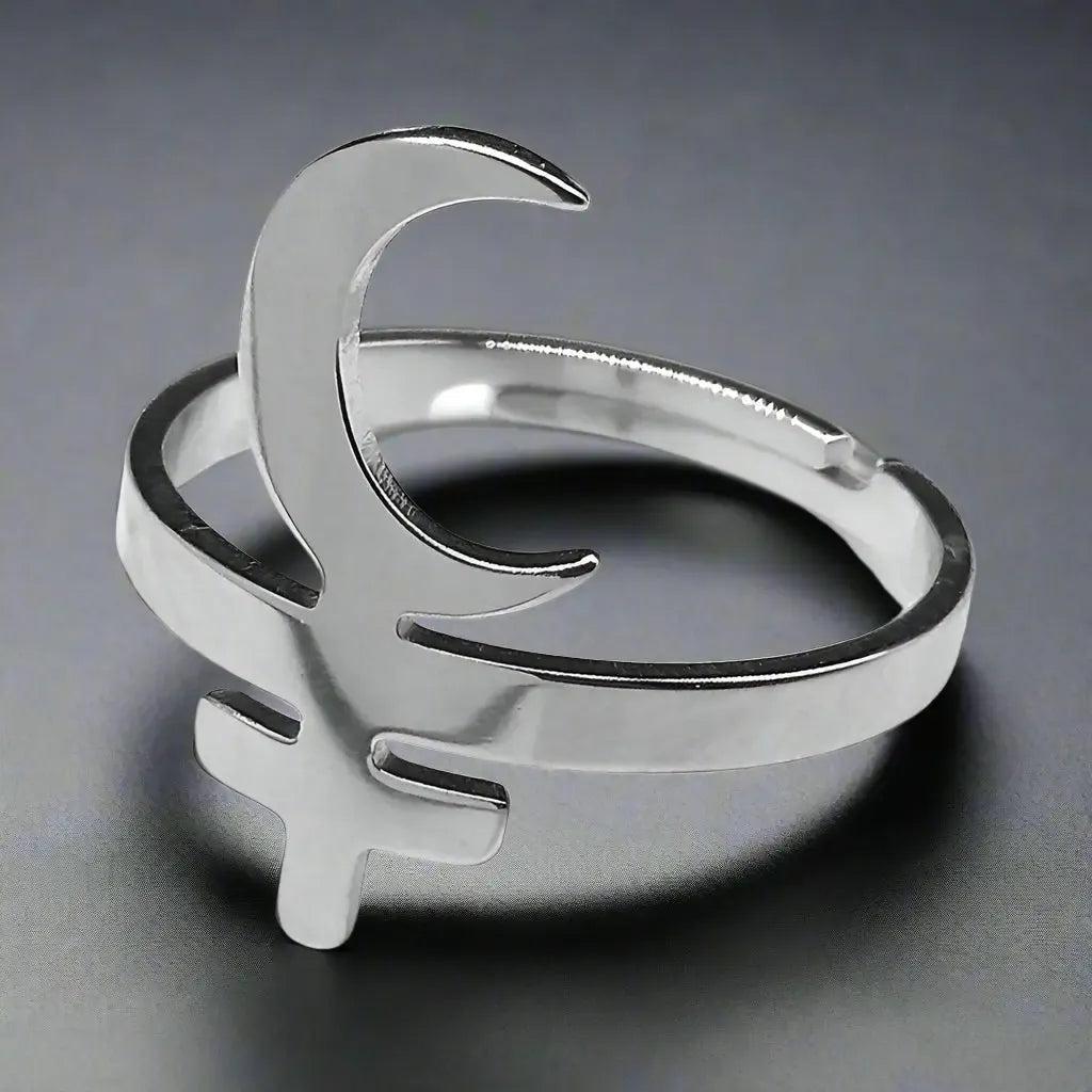 Lilith Crescent Inverted Cross Ring Gothic Witch Jewelry-MoonChildWorld