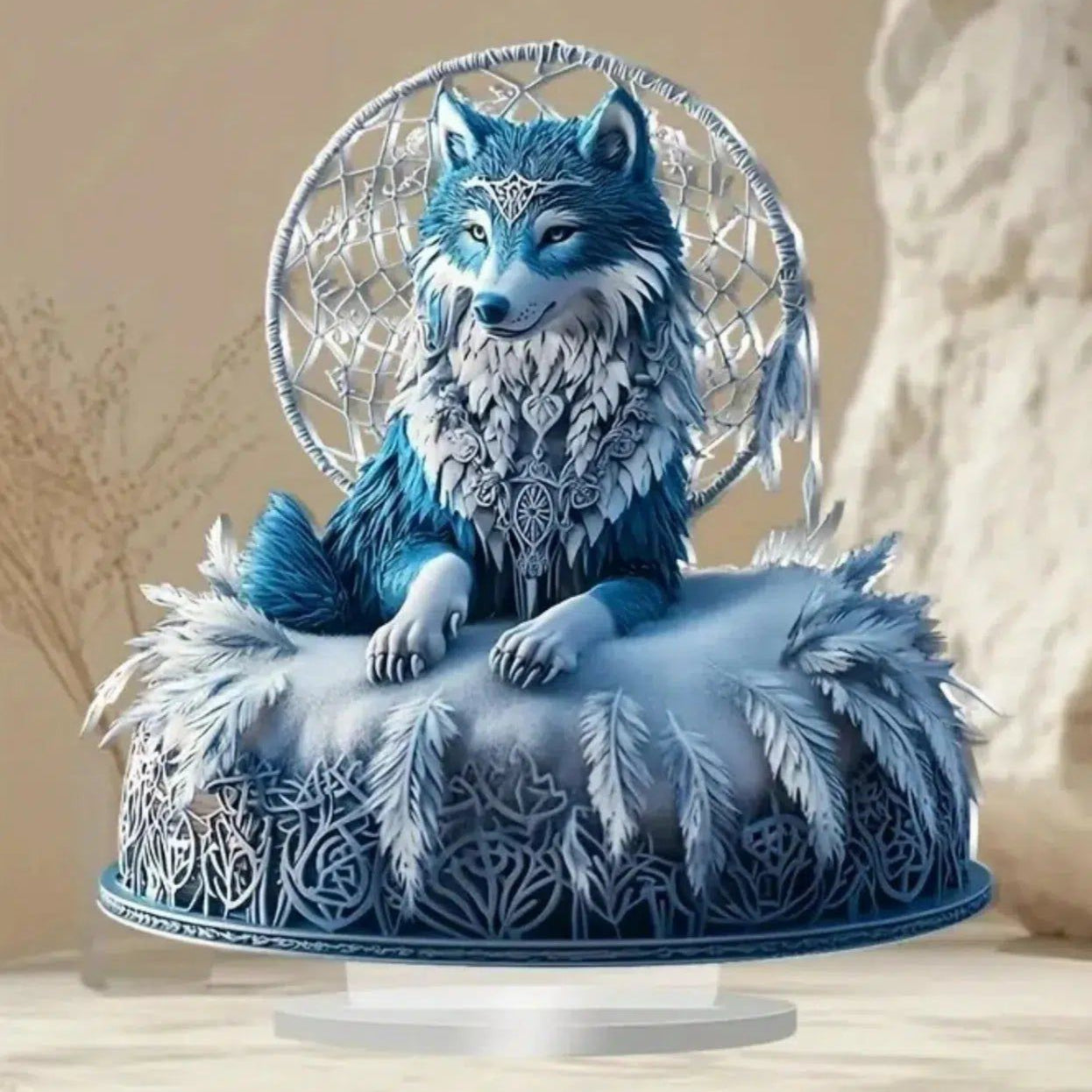 Bohemian Wolf Statue 2D Flat Acrylic Table Ornament Wolf Desktop Decor-MoonChildWorld