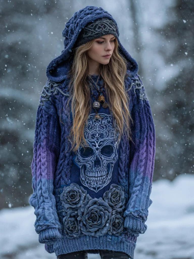 Gothic Halloween Oversized Sweaters Horror Skull Sweater O Neck Hooded Pullover-MoonChildWorld