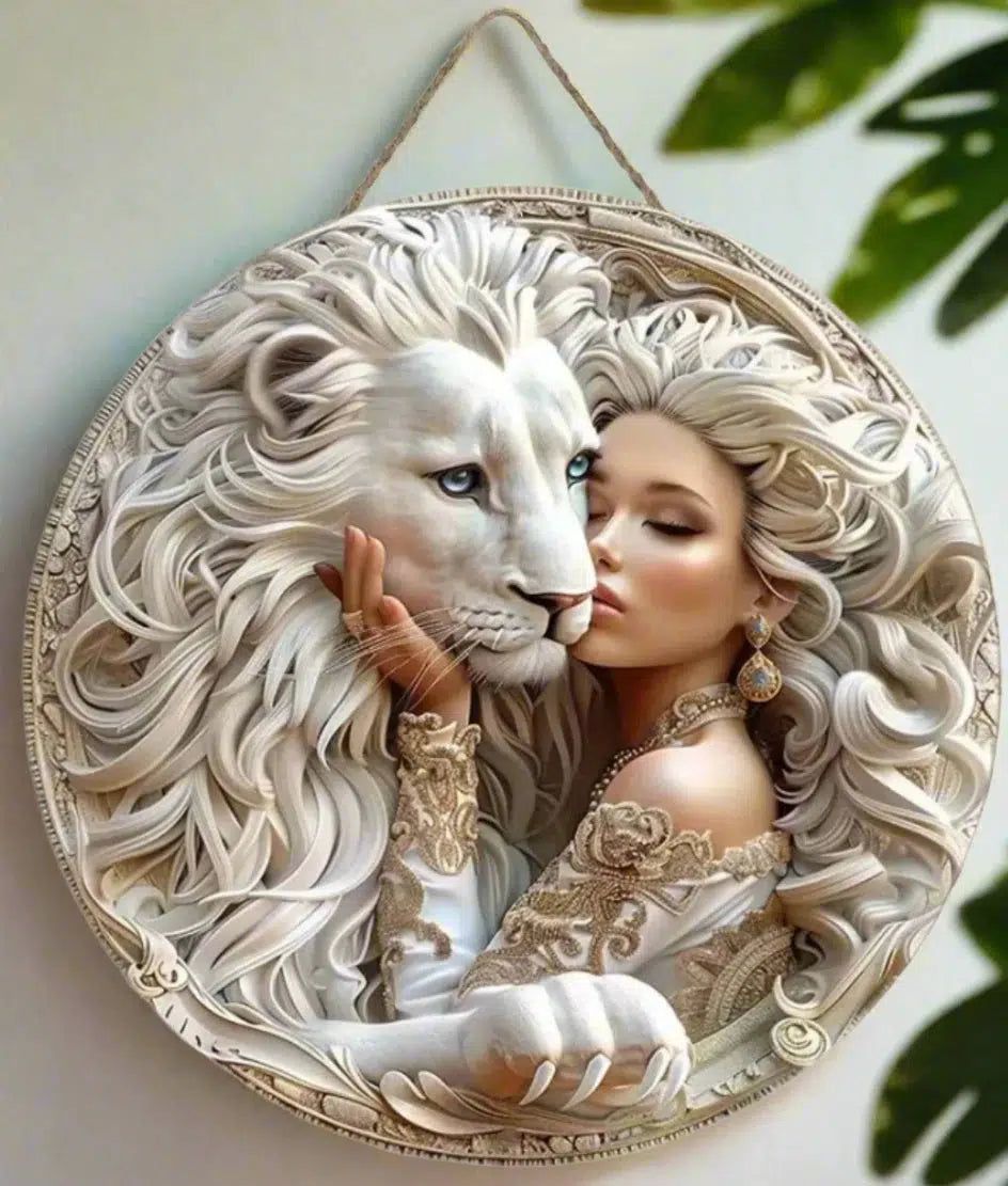 White Lion and Goddess Wooden Sign Mystic Hanging Sign-MoonChildWorld