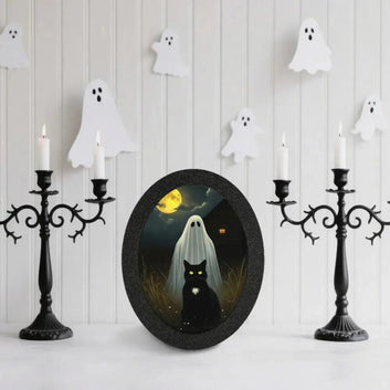 Black Cat and Spooky Ghost Gothic Wooden Oval Frame -  Witchy Oval Wall Art for Halloween Wall Decoration