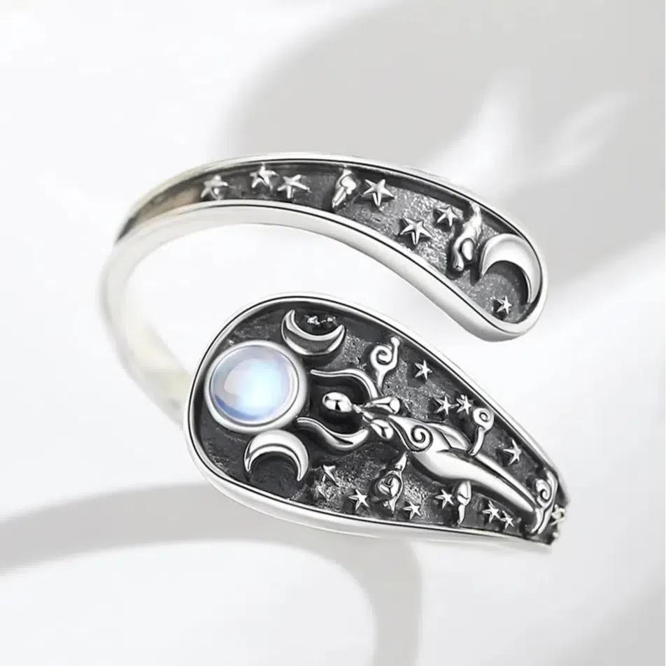 Silver Wicca Triple Moon Goddess Ring Moonstone Hecate Amulet Ring Pagan Jewelry-MoonChildWorld