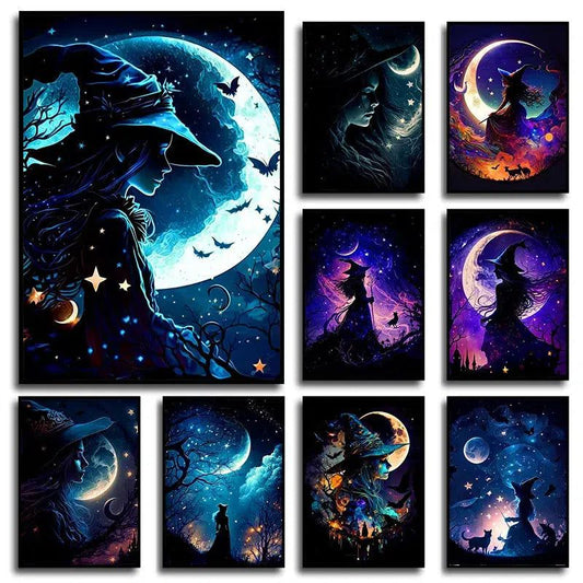 Fantasy Witch Halloween Posters Moon Witch Wall Art