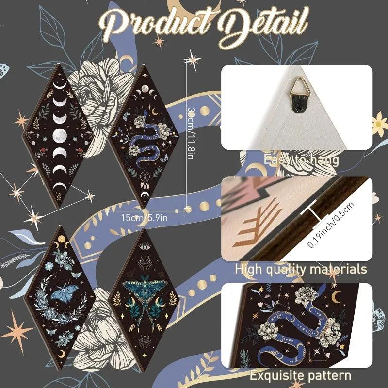 Boho Moon Phase Wall Decor 4pcs - Gothic Moth Wooden Hanging Art for Witchy Home Decor-MoonChildWorld