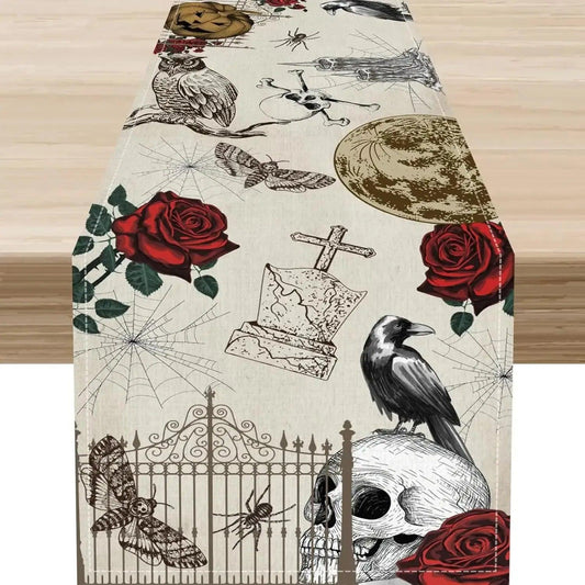 Gothic Roses Crows Skull Linen Table Runner - Black Raven Witchy Table Runner Halloween Decorations