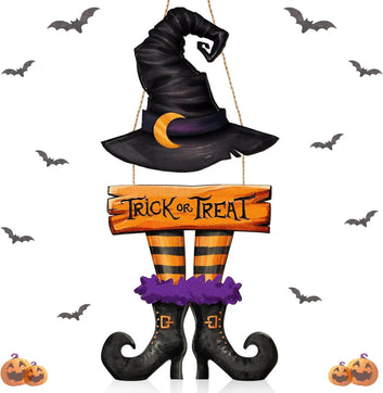 Halloween Witch Wreath Door Sign – Wooden 'Trick or Treat' Hanging Plaque