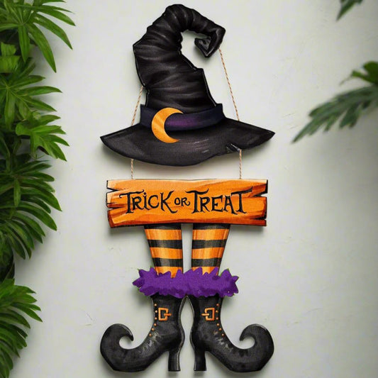 Halloween Witch Wreath Door Sign – Wooden 'Trick or Treat' Hanging Plaque