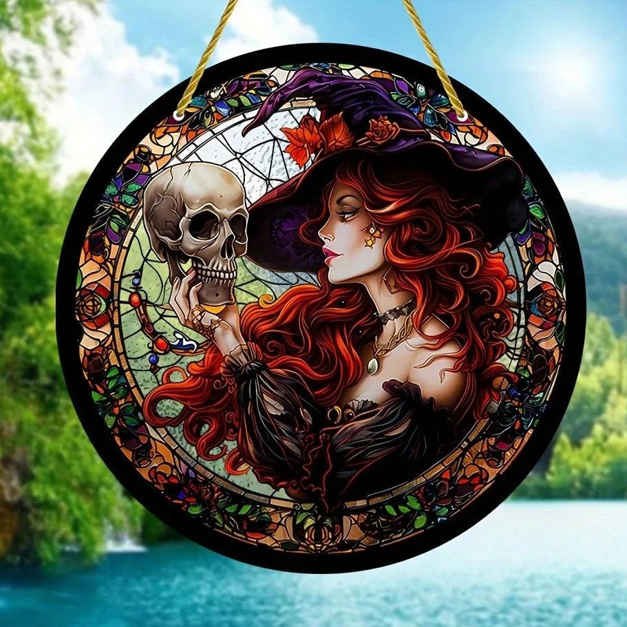 Skull Witch Suncatcher Gothic Acrylic Round Sign Halloween Home Decor-MoonChildWorld