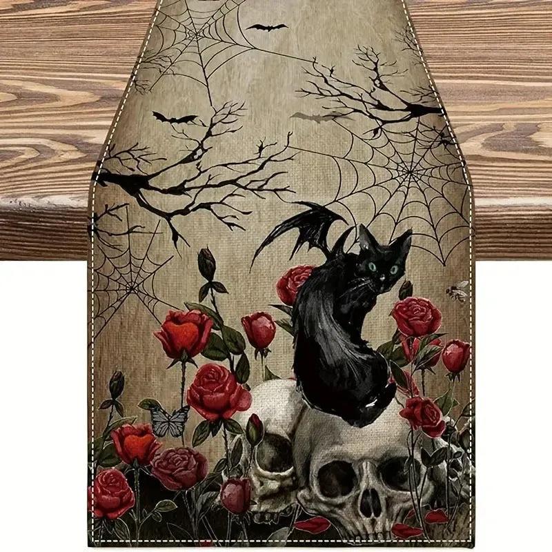 Black Cat Skull Spider Web Halloween Table Runner - Gothic Table Runner for Witch Halloween Decorations-MoonChildWorld