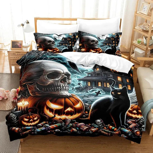 Happy Halloween Bedding Set Gothic Skull and Black Cat Duvet Cover
