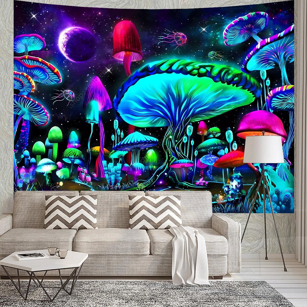 Psychedelic Mushroom UV Reactive Tapestry Aesthetic Tapestry Wall Hanging Hippie Decor-MoonChildWorld