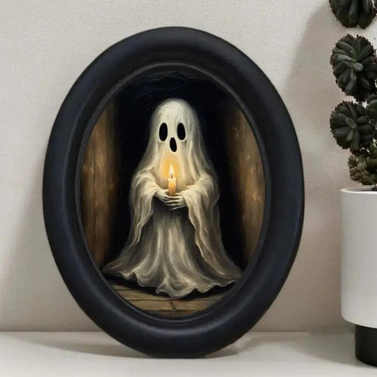 Retro Little Ghost Witch Wooden Oval Frame - Gothic Oval Wall Art - Halloween Wall Decoration