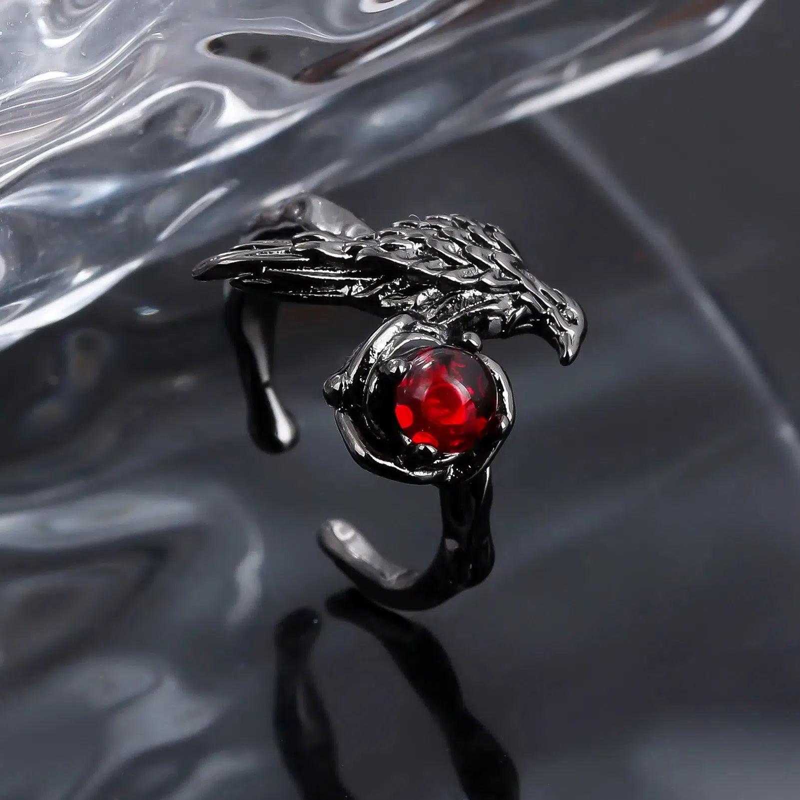 Red Crystal Witchy Black Raven Ring Gothic Crow Ring Witch Jewelry-MoonChildWorld