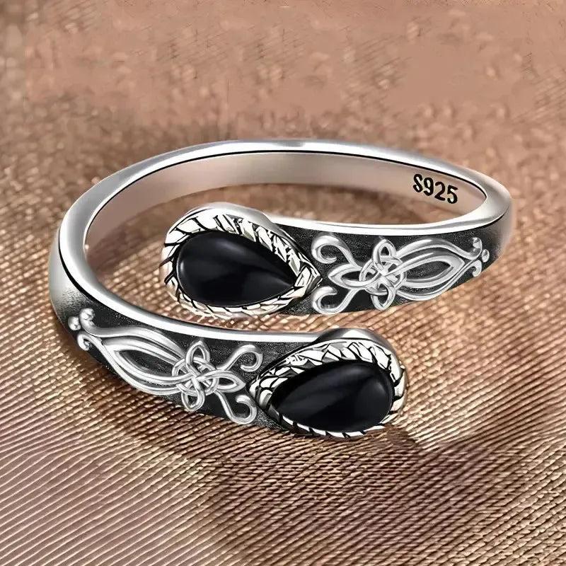 Black Onyx and Moonstone Ring Celtic Witch Ring Wicca Jewelry-MoonChildWorld