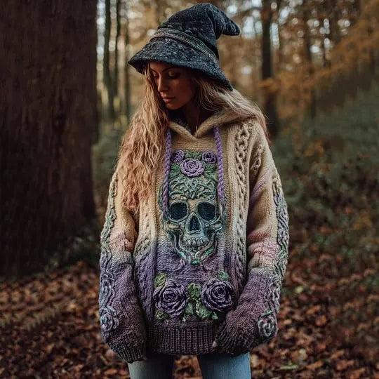 Gothic Halloween Oversized Sweaters Horror Skull Sweater O Neck Hooded Pullover-MoonChildWorld