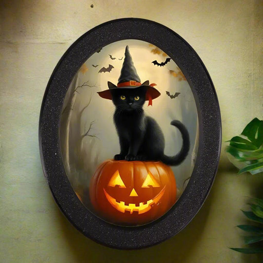 Halloween Black Cat & Pumpkin Wooden Oval Frame - Gothic Oval Wall Art for Halloween Home Decor