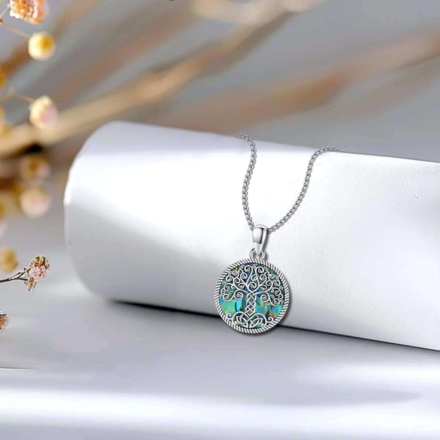925 Sterling Silver Tree of Life Necklace Pendant Abalone Shell Celtic Knot Family Tree Jewelry for Men Women Father's Day Gift-MoonChildWorld
