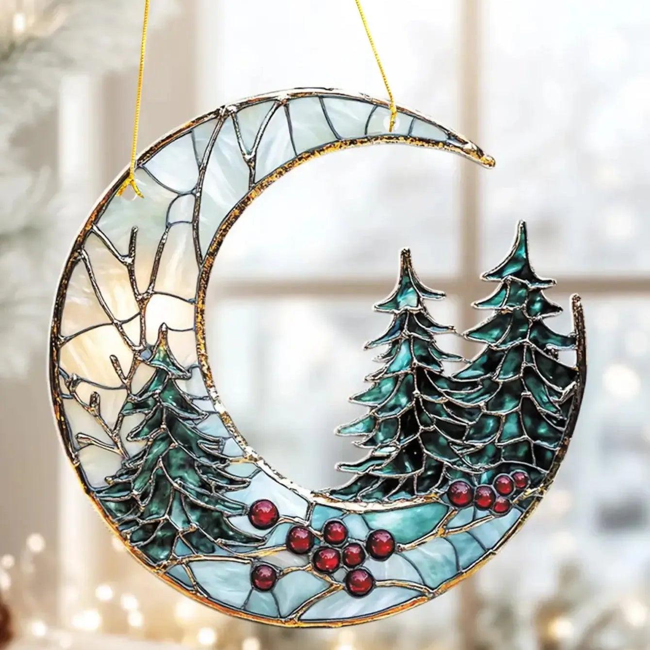 Christmas Acrylic Moon Ornament with Pine Trees - Christmas Tree Ornament-MoonChildWorld
