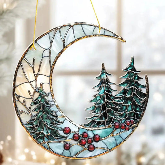 Christmas Acrylic Moon Ornament with Pine Trees - Christmas Tree Ornament