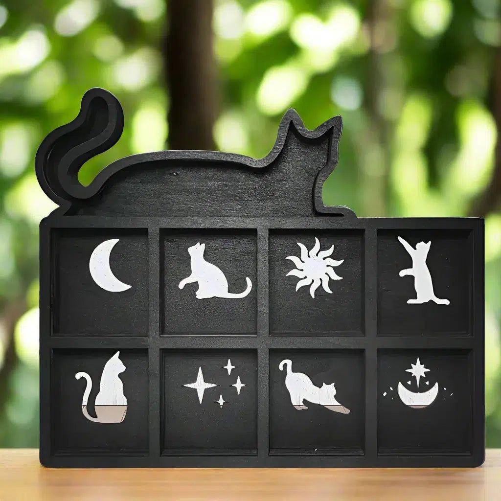 Witchy Black Cat Crystal Shelf Moon Cat Wooden Crystal Shelf-MoonChildWorld