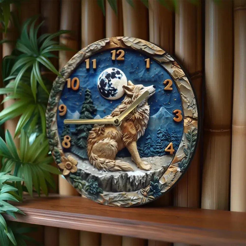 Moon Wolf Wooden Wall Clock Spirit Wolf Home Decor-MoonChildWorld