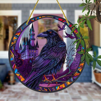 Dark Crow Suncatcher Black Raven Witchy Acrylic Round Sign Halloween Decor