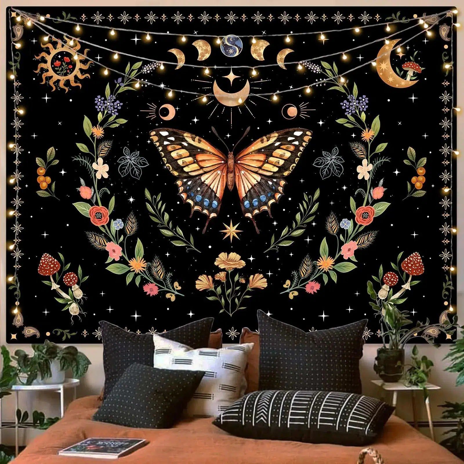 Plant Moon Tapestry Floral Butterfly Witchy Tapestry Aesthetic Decor-MoonChildWorld