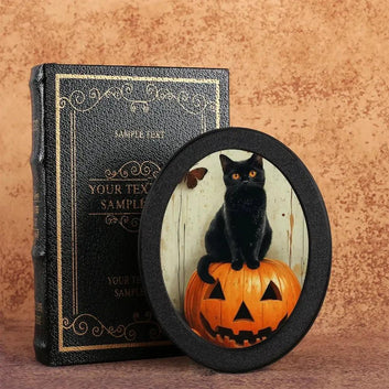 Black Cat & Pumpkin Spooky Wooden Oval Frame - Gothic Oval Wall Art - Halloween Wall Decoration