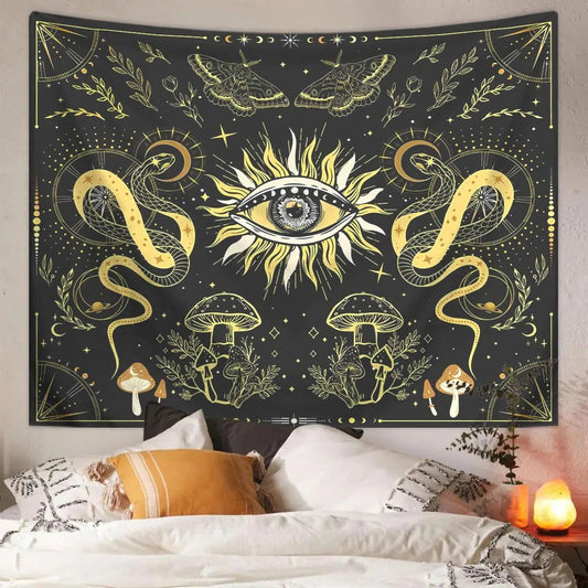 Sun eyes Magic moth mushroom snake tapestry Hippie tapestry