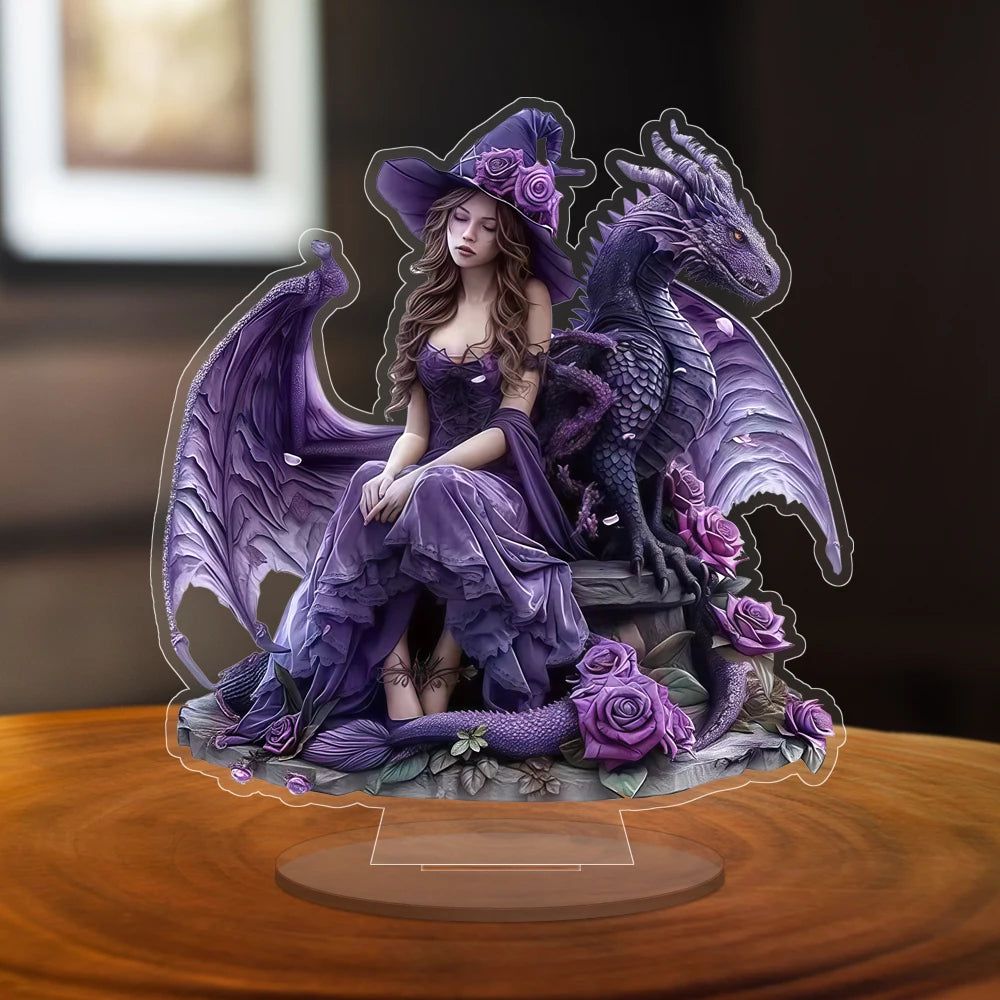 Purple Dragon and Witch Acrylic Decorative Plaque Desktop Decor Witchy Table Ornament-MoonChildWorld