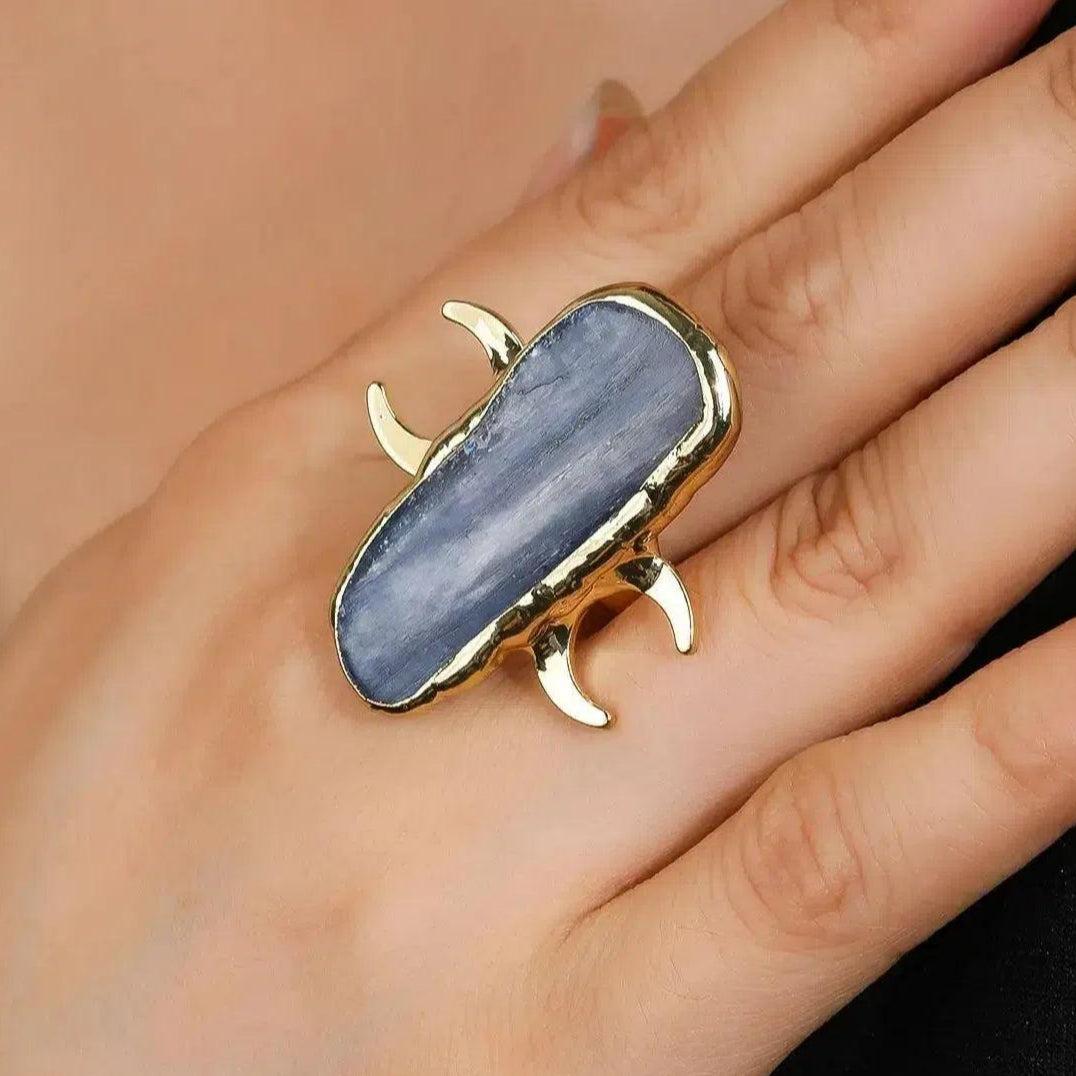 Healing Blue Kyanite Natural Stone Ring Wiccan Triple Moon Ring Pagan Jewelry-MoonChildWorld