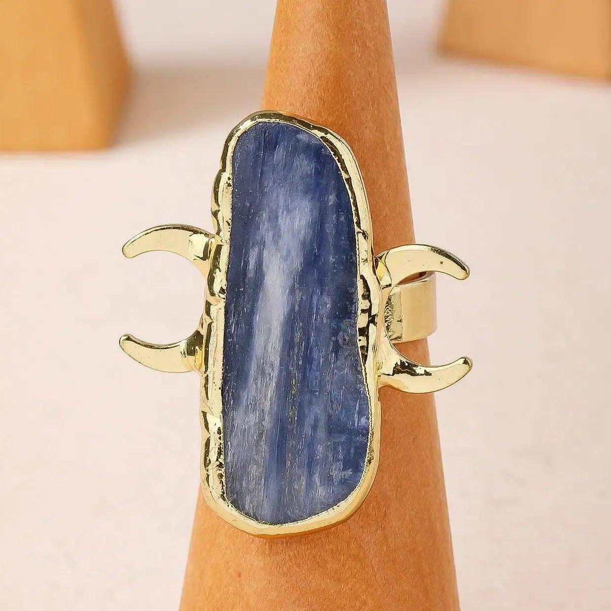 Healing Blue Kyanite Natural Stone Ring Wiccan Triple Moon Ring Pagan Jewelry-MoonChildWorld